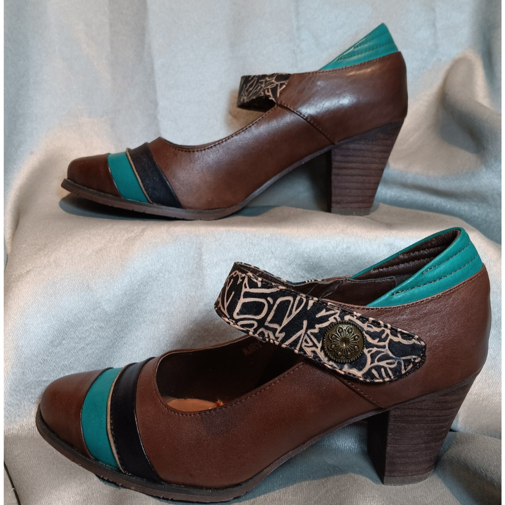 Vtg Mary Jane Corkys Elite Retro Heels 8 NIB Brown Leather Classic Spectator NOS - Picture 3 of 7